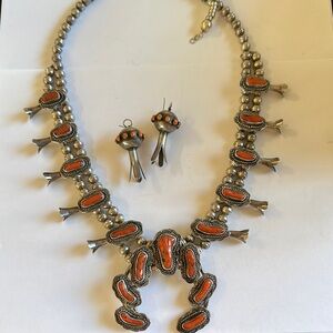 Rare Vintage Navajo Coral Squash Blossom Necklace 925 Silver by Thomas Francisco